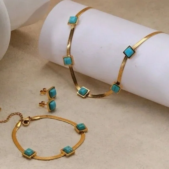 18K Gold Plated herringbone Turquoise Necklace Set Stainless Steel jewelry - Picture 4 of 9